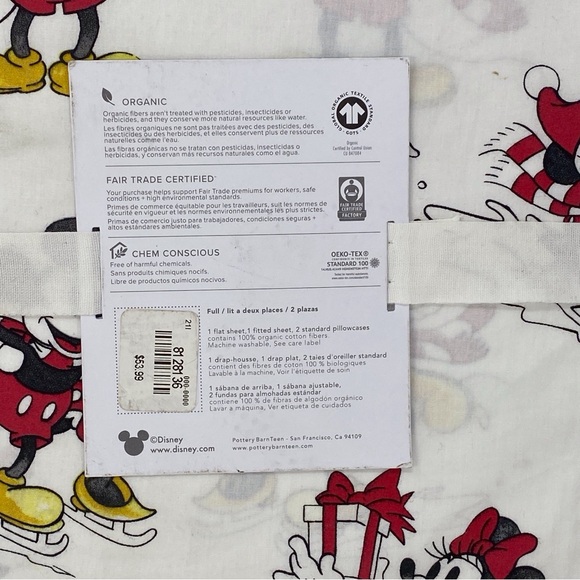 Pottery Barn Teen Disney Mickey Mouse Holiday Percale Full Sheet Set Christmas - Picture 5 of 8
